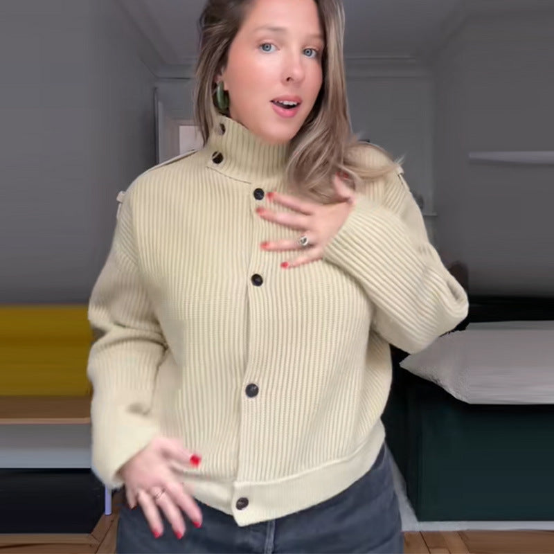 Casual Style Stand Collar Button Knitted Top