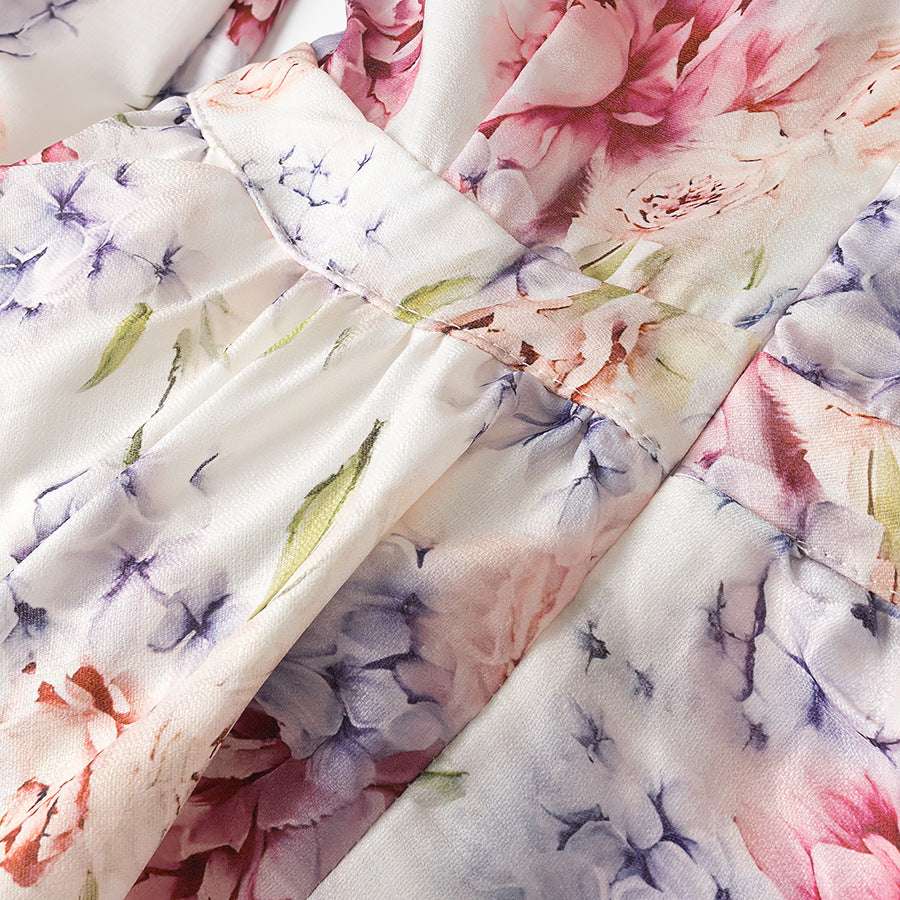 Linen Print V-neck Lantern Dress