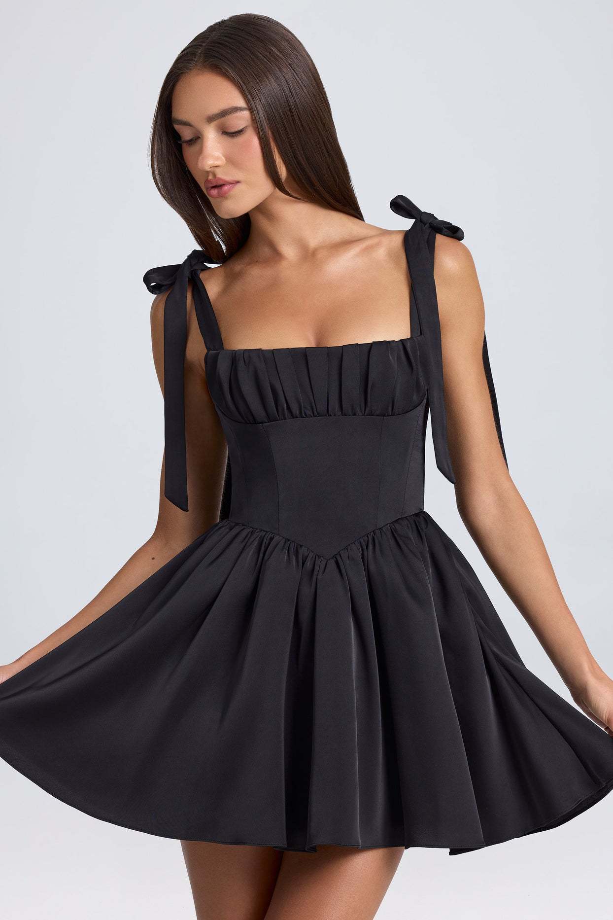 Square Neck High Waist Pleated Patchwork Bow Suspender Dress