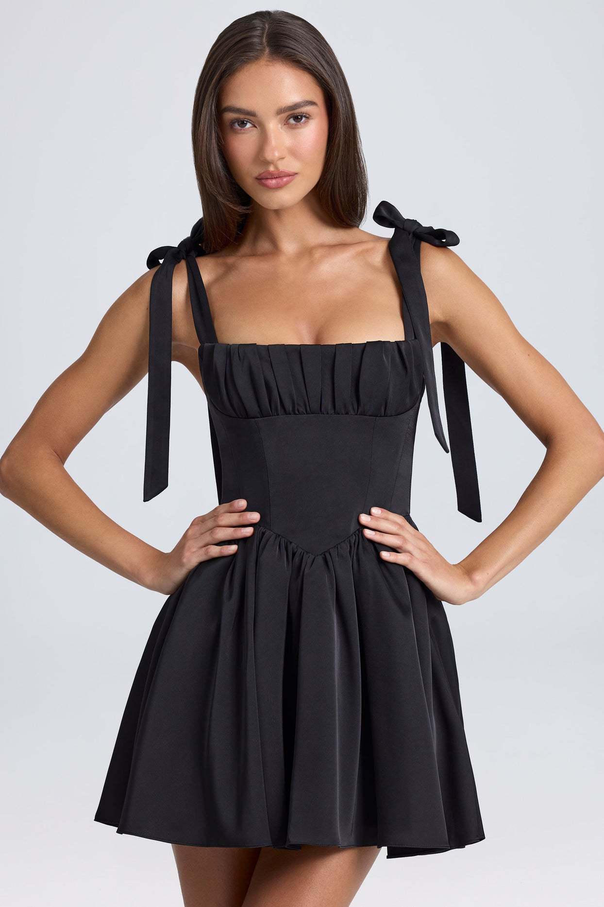 Square Neck High Waist Pleated Patchwork Bow Suspender Dress