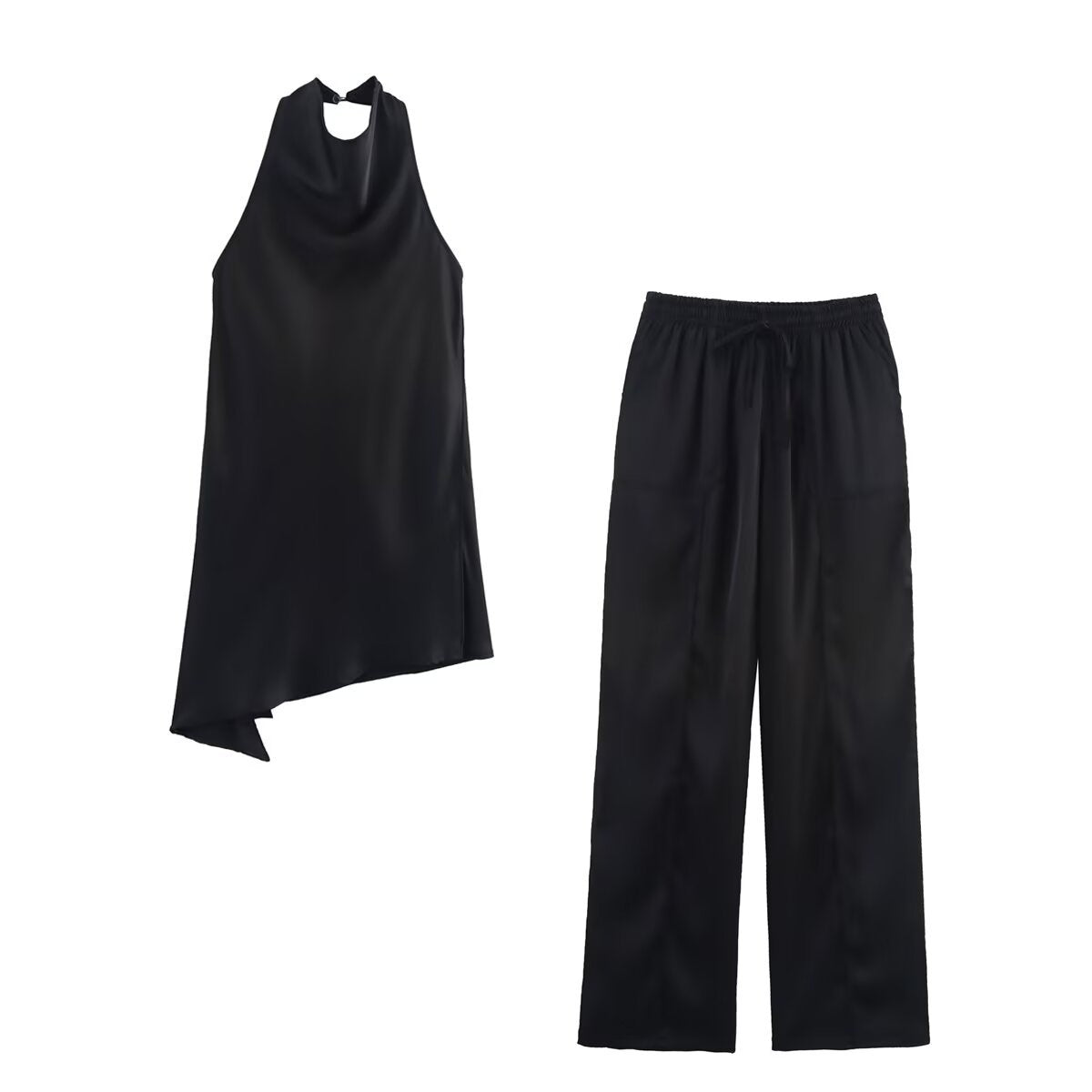 Silk Satin Halter Neck Top + Casual Pants Set