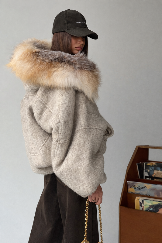 Winter Short Cotton Coat with Faux Fur Collar
