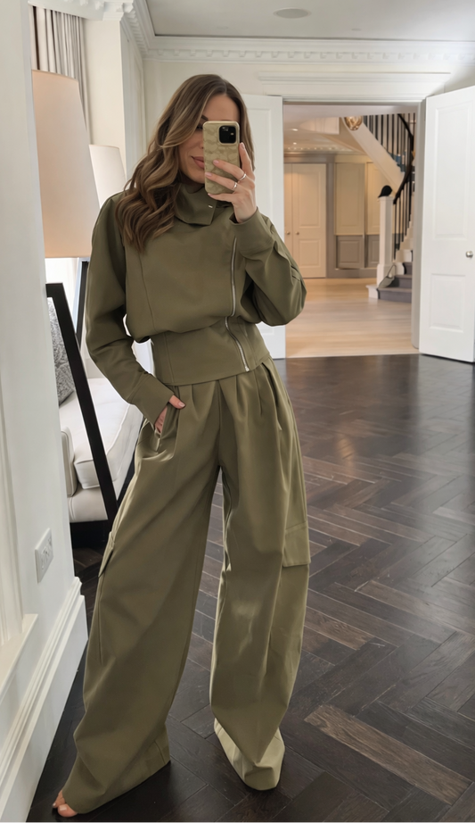 Bat Sleeve Jacket + Pleated High Waist Loose Trousers Set