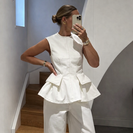 French Style Round Neck Sleeveless Short Skirt Pleated Top