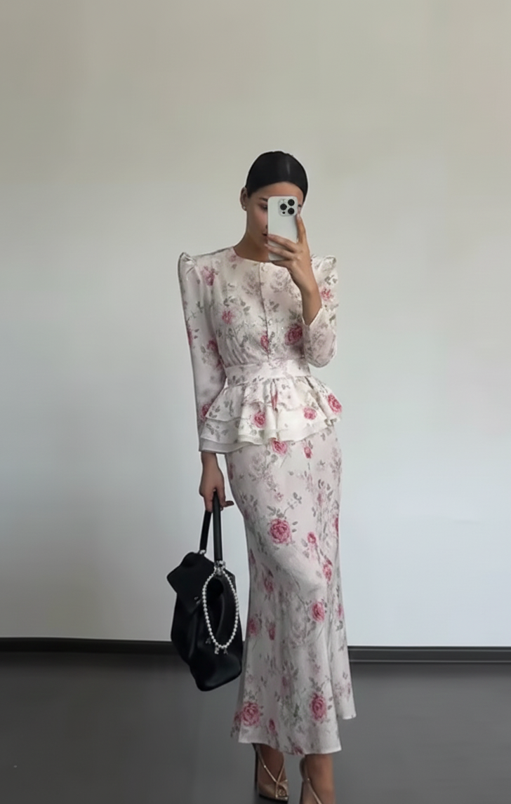 Floral Long-sleeved Top and Skirt Suit