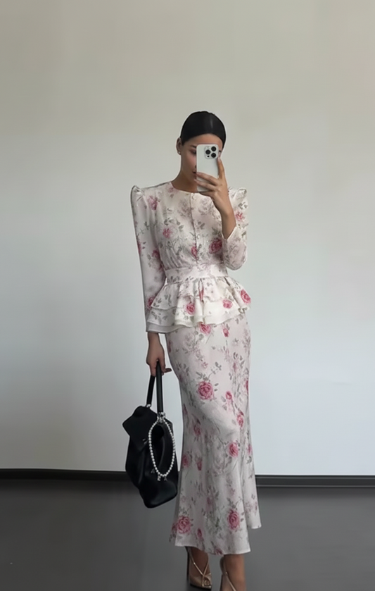 Floral Long-sleeved Top and Skirt Suit