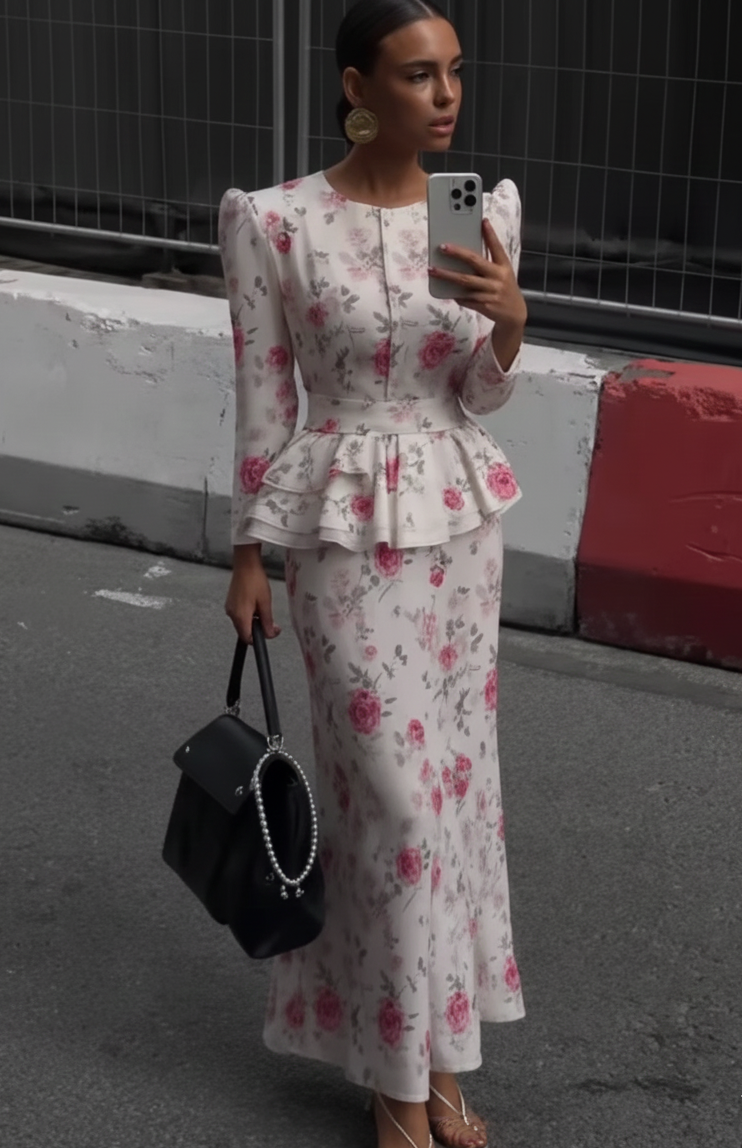Floral Long-sleeved Top and Skirt Suit
