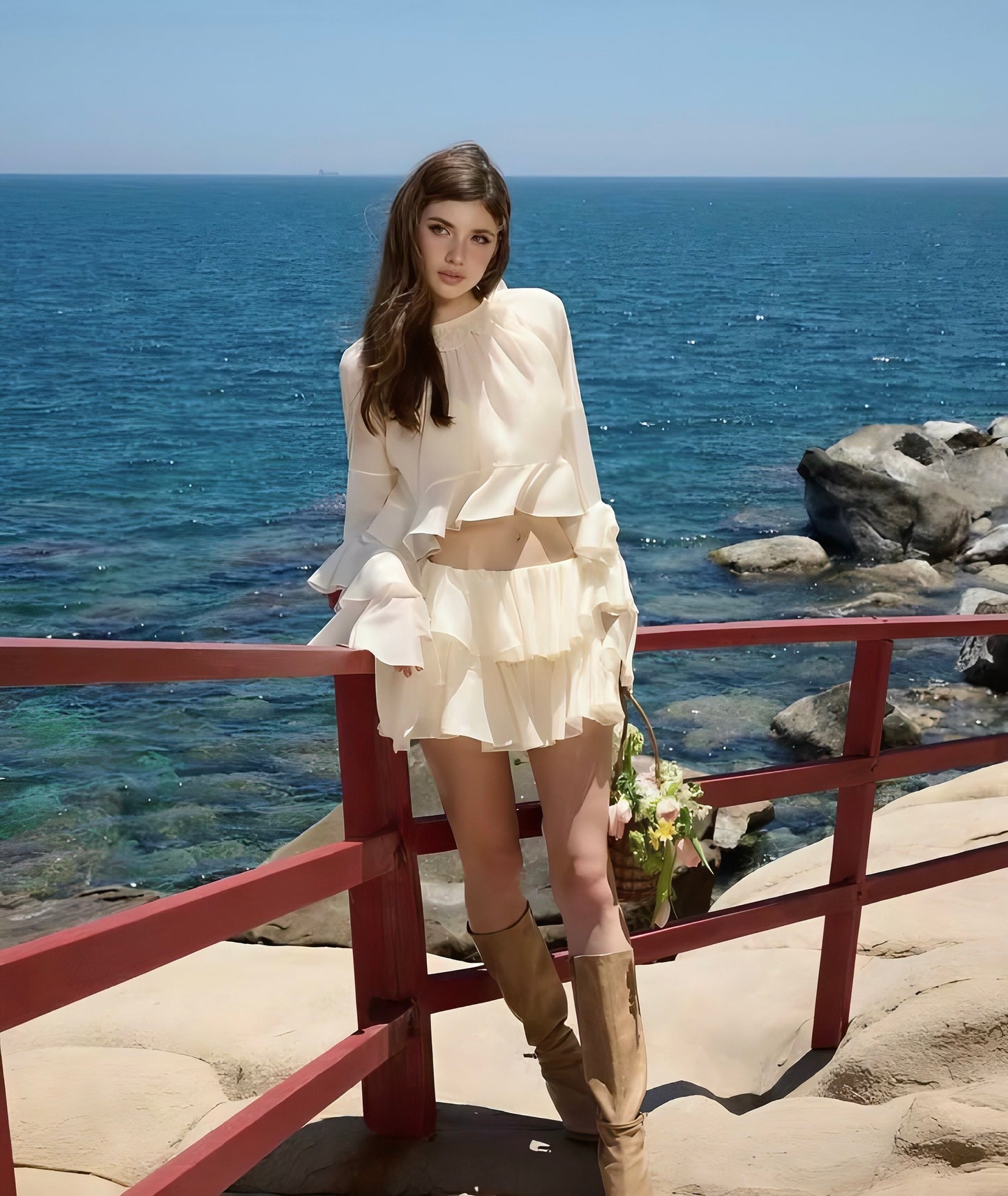 Ruffle Sleeve Long Sleeve Design Skirt Two-Piece Set