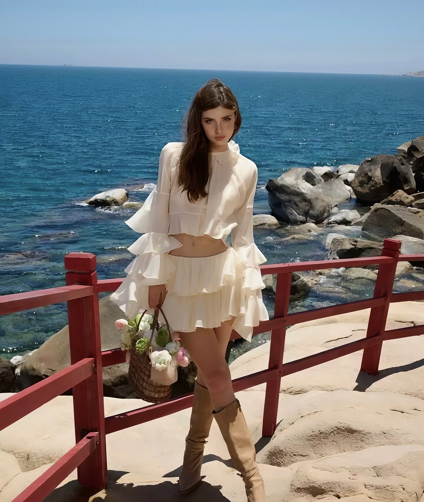 Ruffle Sleeve Long Sleeve Design Skirt Two-Piece Set