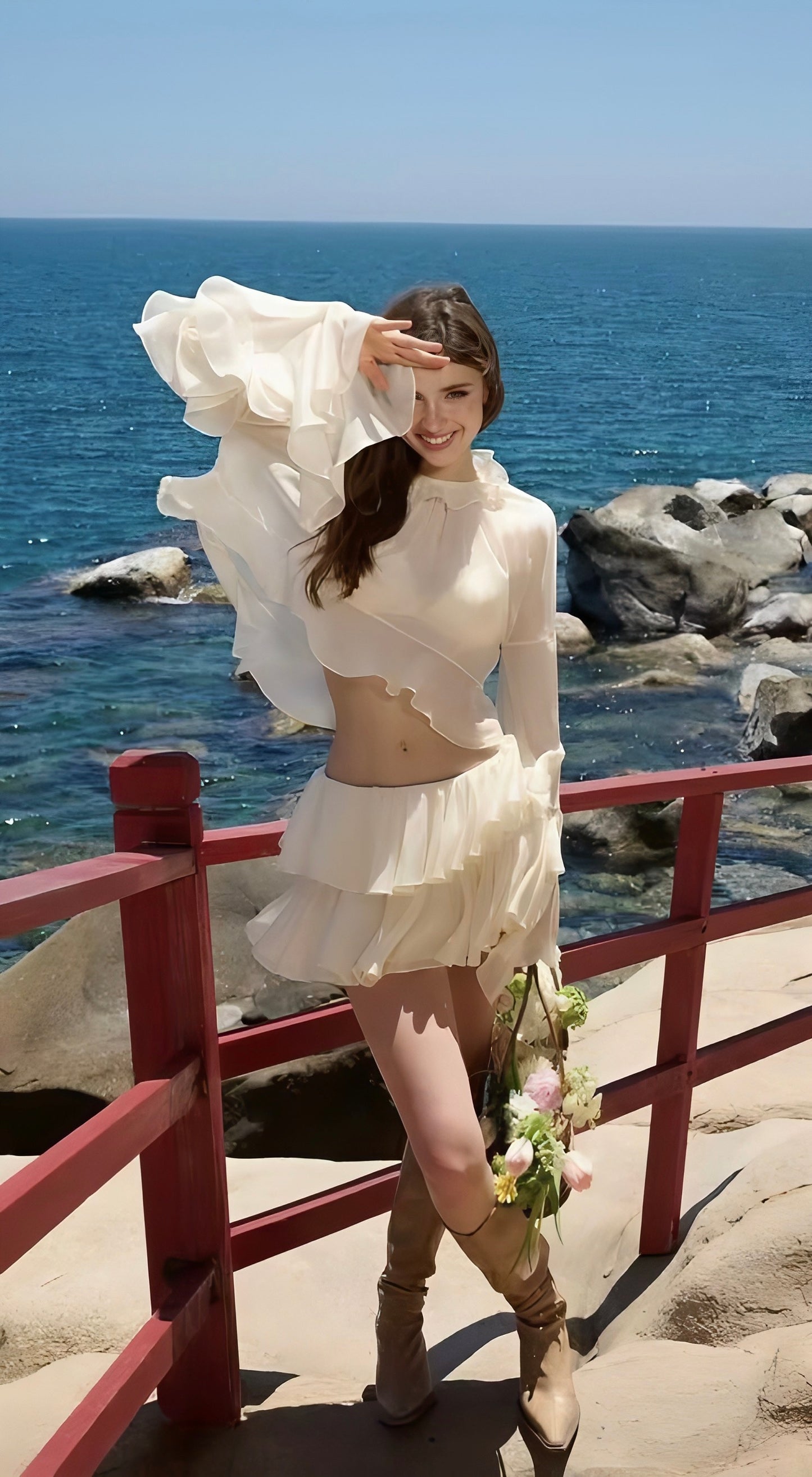 Ruffle Sleeve Long Sleeve Design Skirt Two-Piece Set