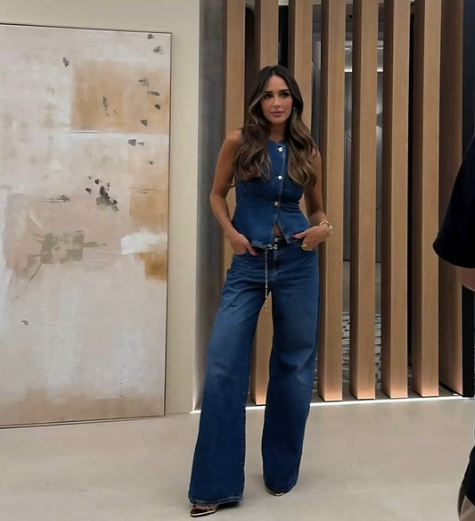Sleeveless Vest Fashion Wide-Leg Denim Set