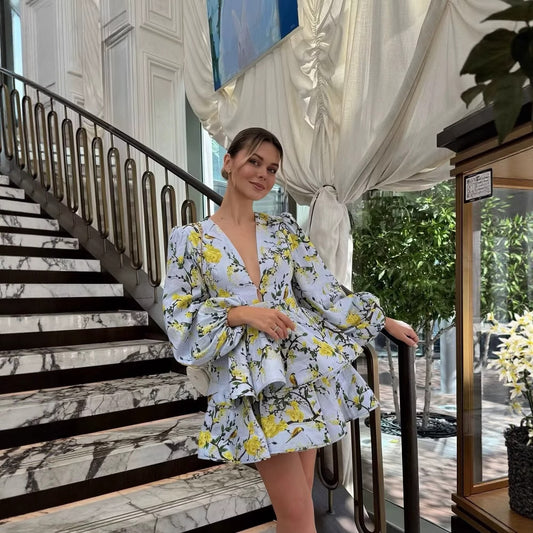 Linen Print V-neck Lantern Dress