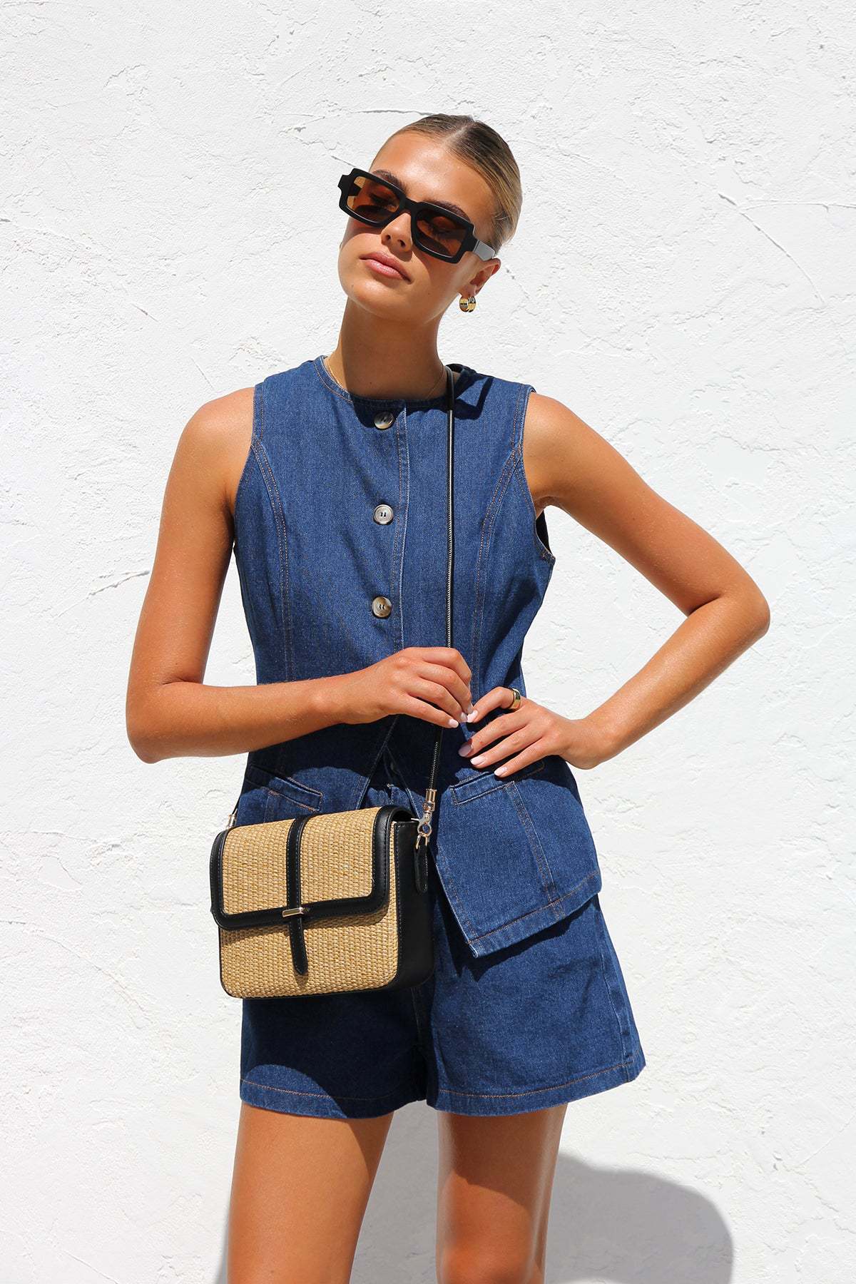 Sleeveless High-Waisted Loose Denim Shorts Set