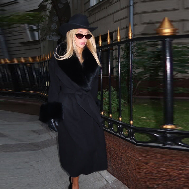 Woolen Fur Collar Long Coat