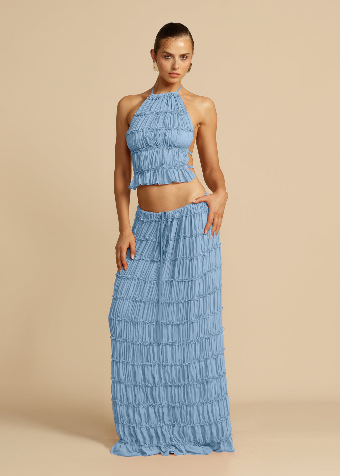 Halter Neck Tie Lace Vest Dress Set