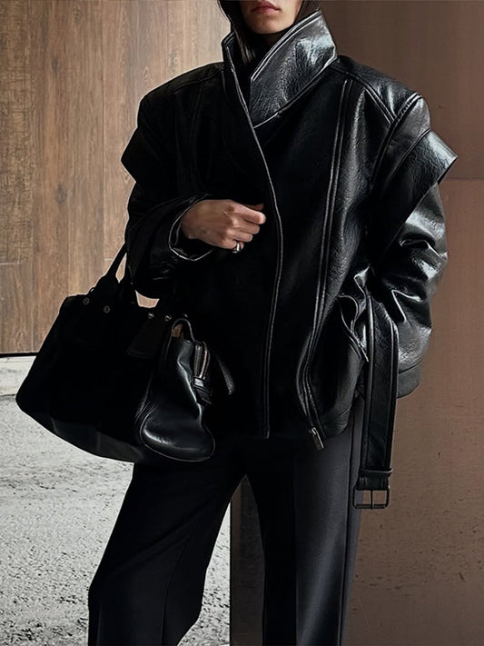 High Collar Faux Leather Jacket