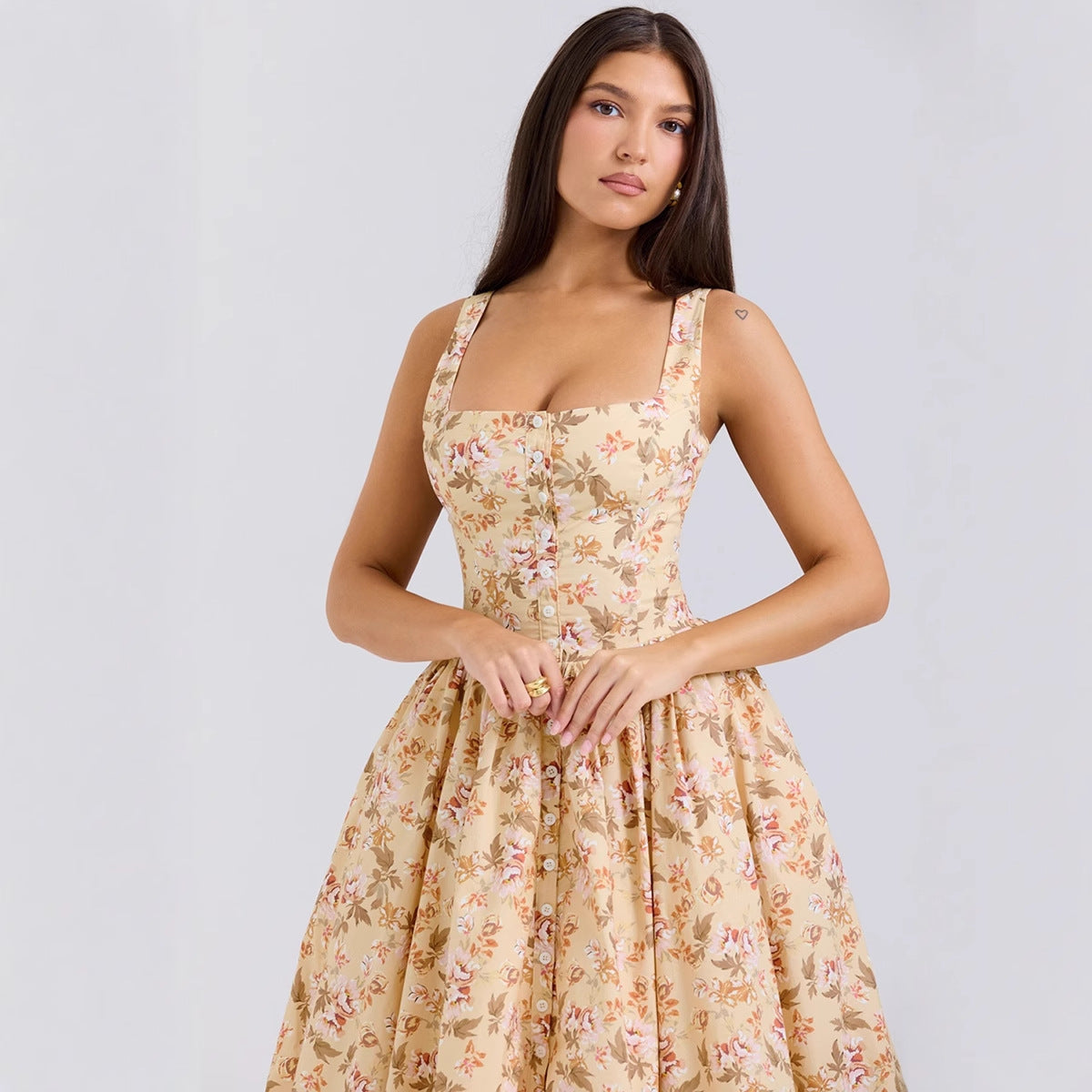 U-neck Slim Button Floral Long Dress