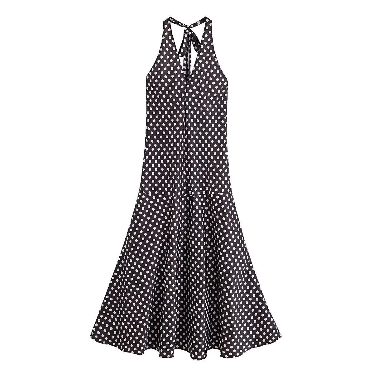 Backless Halter Neck Polka Dot Long Dress