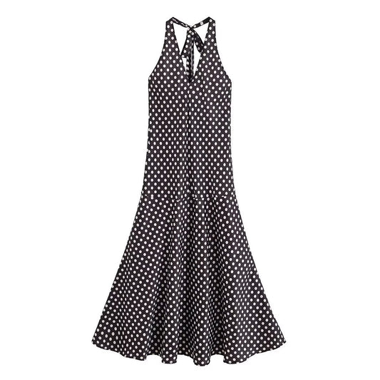 Backless Halter Neck Polka Dot Long Dress