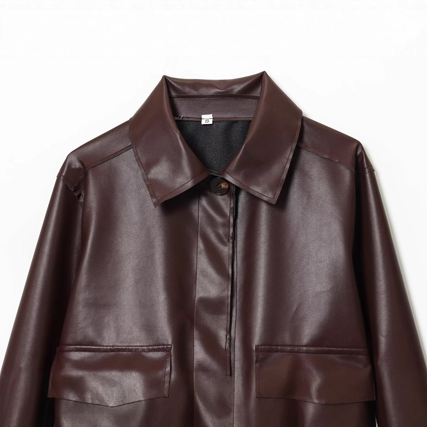 Lapel Solid Color Pocket Decoration PU Jacket