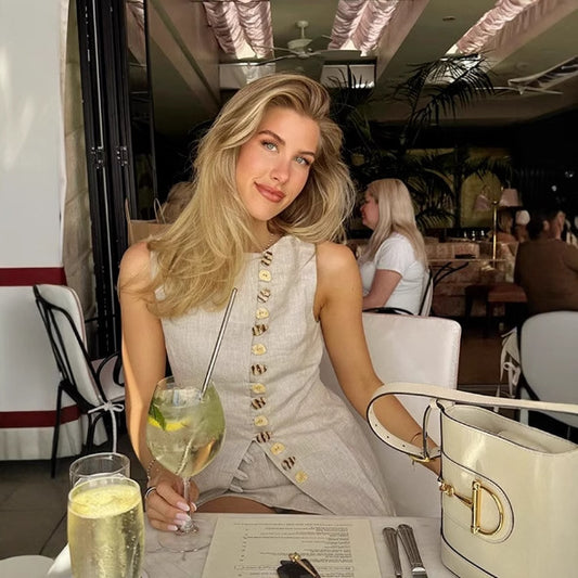 Button-down Cotton And Linen Vest + Short Skirt