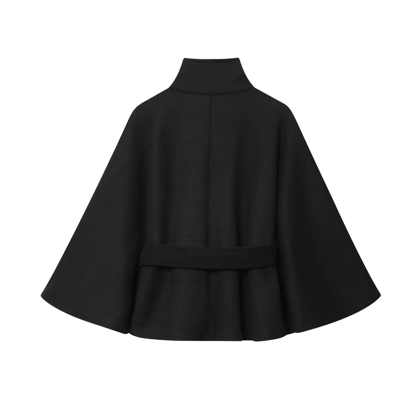 Slim Waist Tie-up Stand Collar Wide Sleeve Short Wool Coat