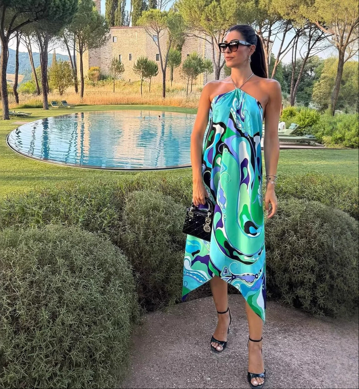 Printed Chain Halter Neck Dress