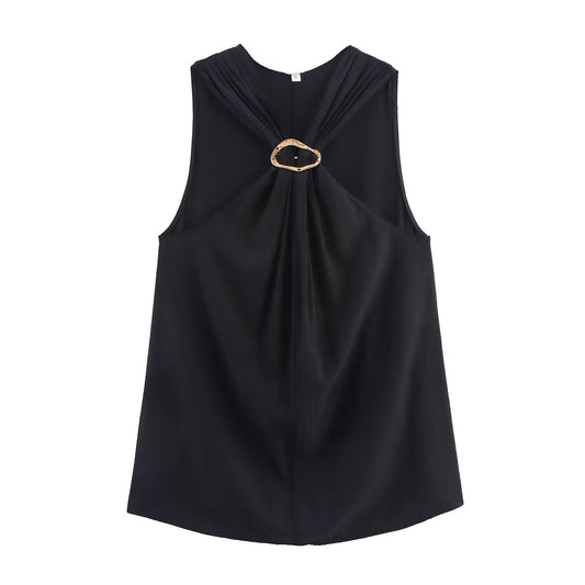 Brooch Sleeveless Twisted Solid Color T-Shirt Top