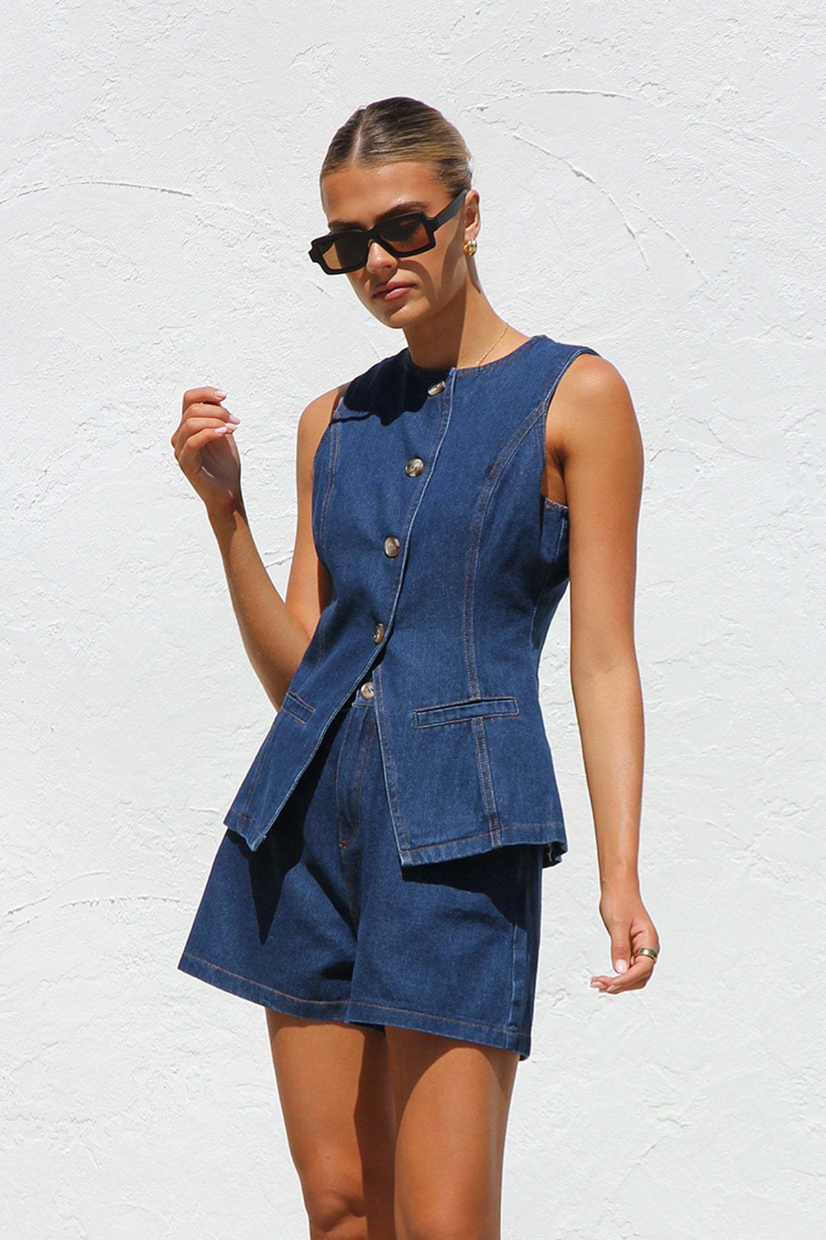 Sleeveless High-Waisted Loose Denim Shorts Set