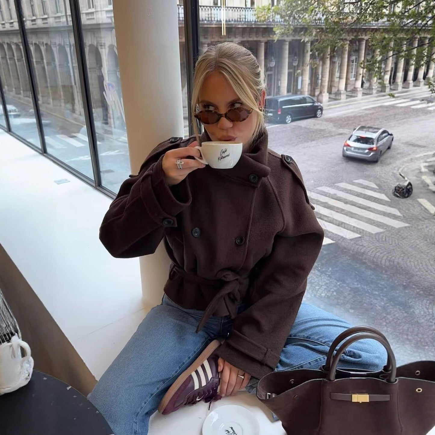 Stand-up Collar Tie Double-Breasted Short Trench Coat