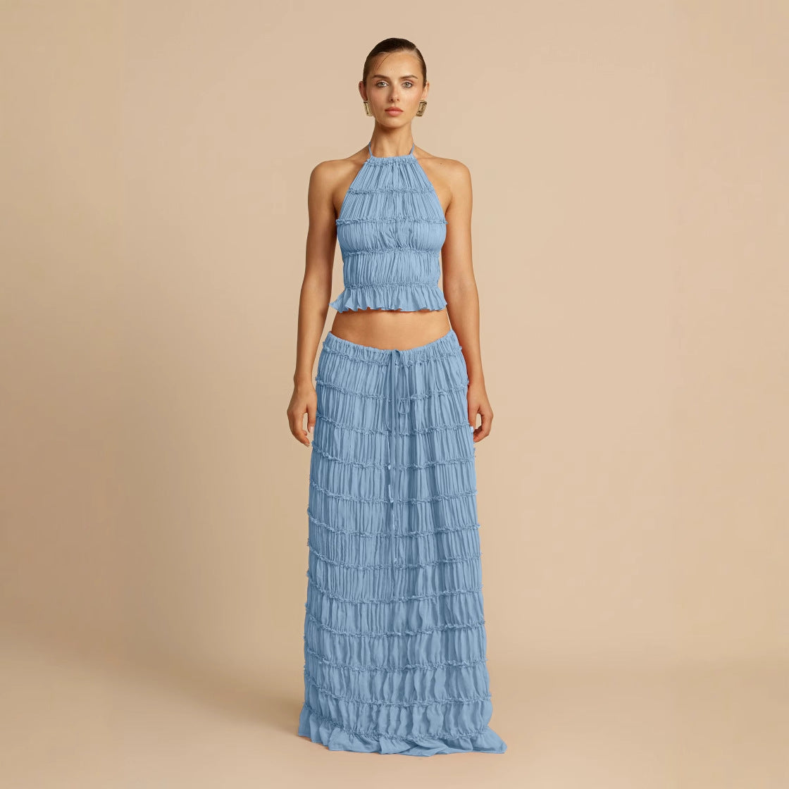 Halter Neck Tie Lace Vest Dress Set