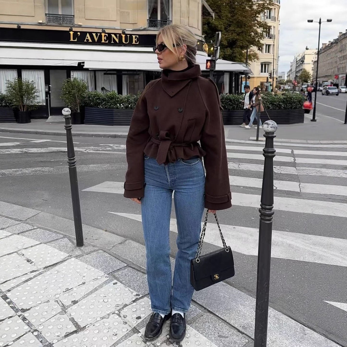 Stand-up Collar Tie Double-Breasted Short Trench Coat