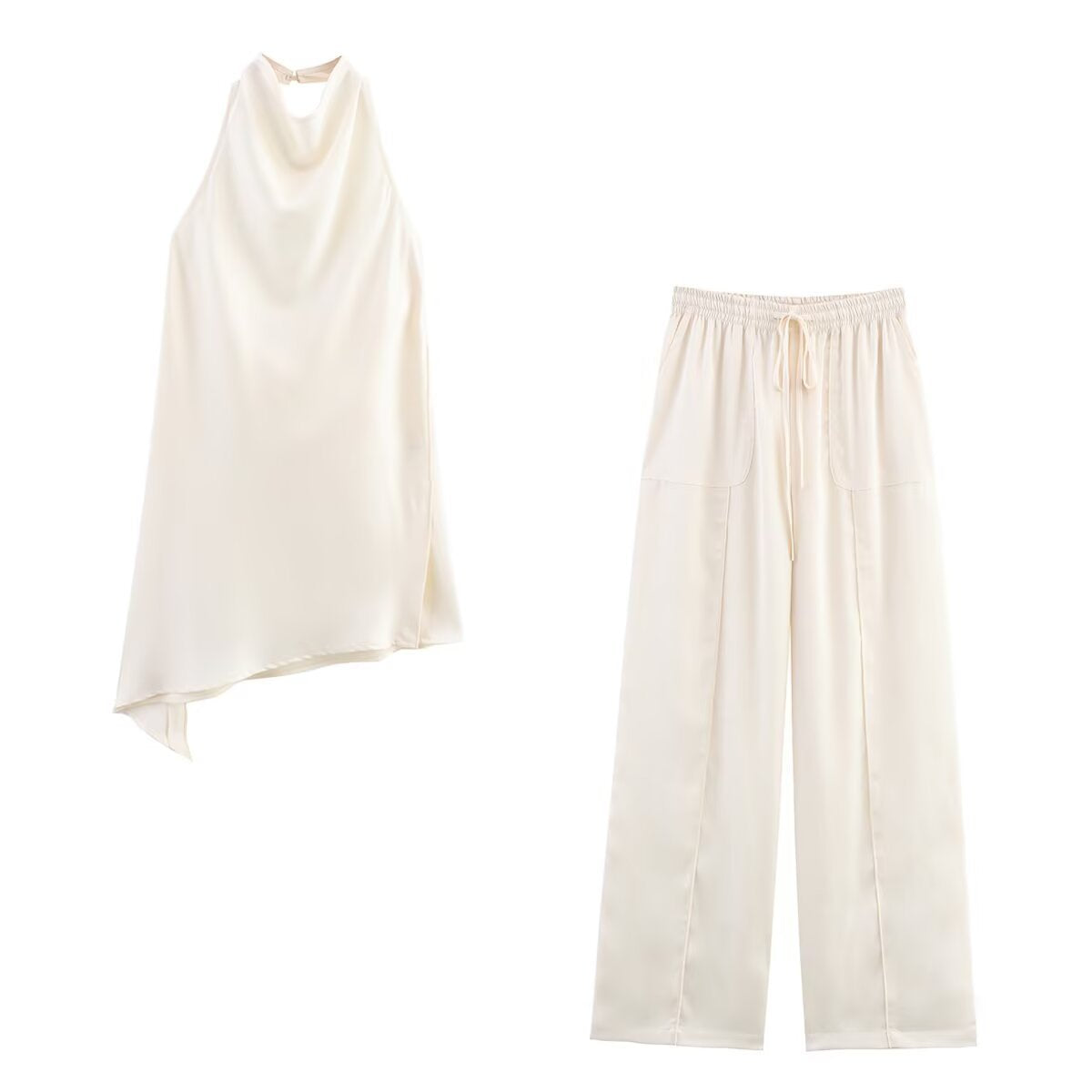Silk Satin Halter Neck Top + Casual Pants Set