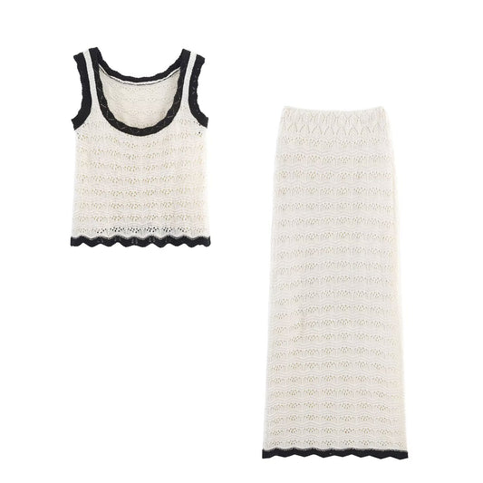 Hollow-out Vest + Knitted Skirt Set
