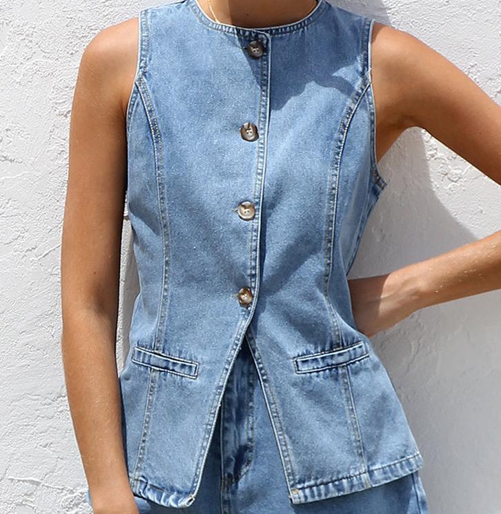 Sleeveless High-Waisted Loose Denim Shorts Set