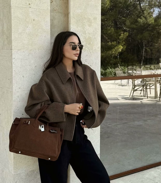 Solid Wide Zipper Woolen Coat