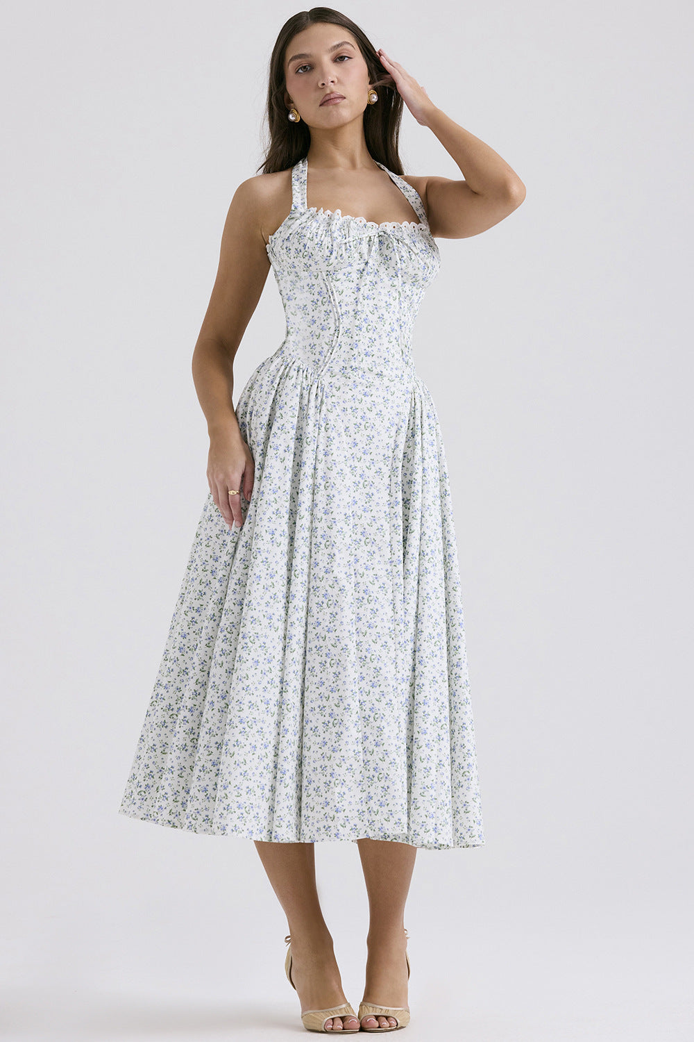 Print Halter Neck Lace Dress