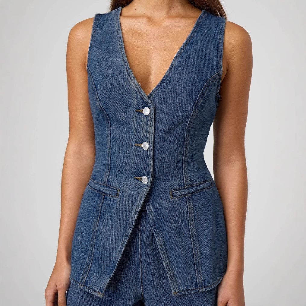 High-Waisted Women's Set with Denim Shorts
