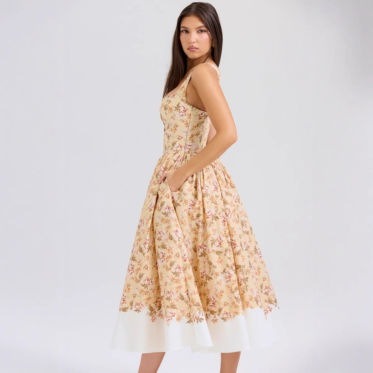 U-neck Slim Button Floral Long Dress