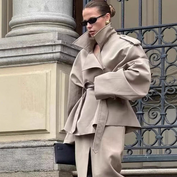 Lapel Tie-Waist Mid-Length Trench Coat