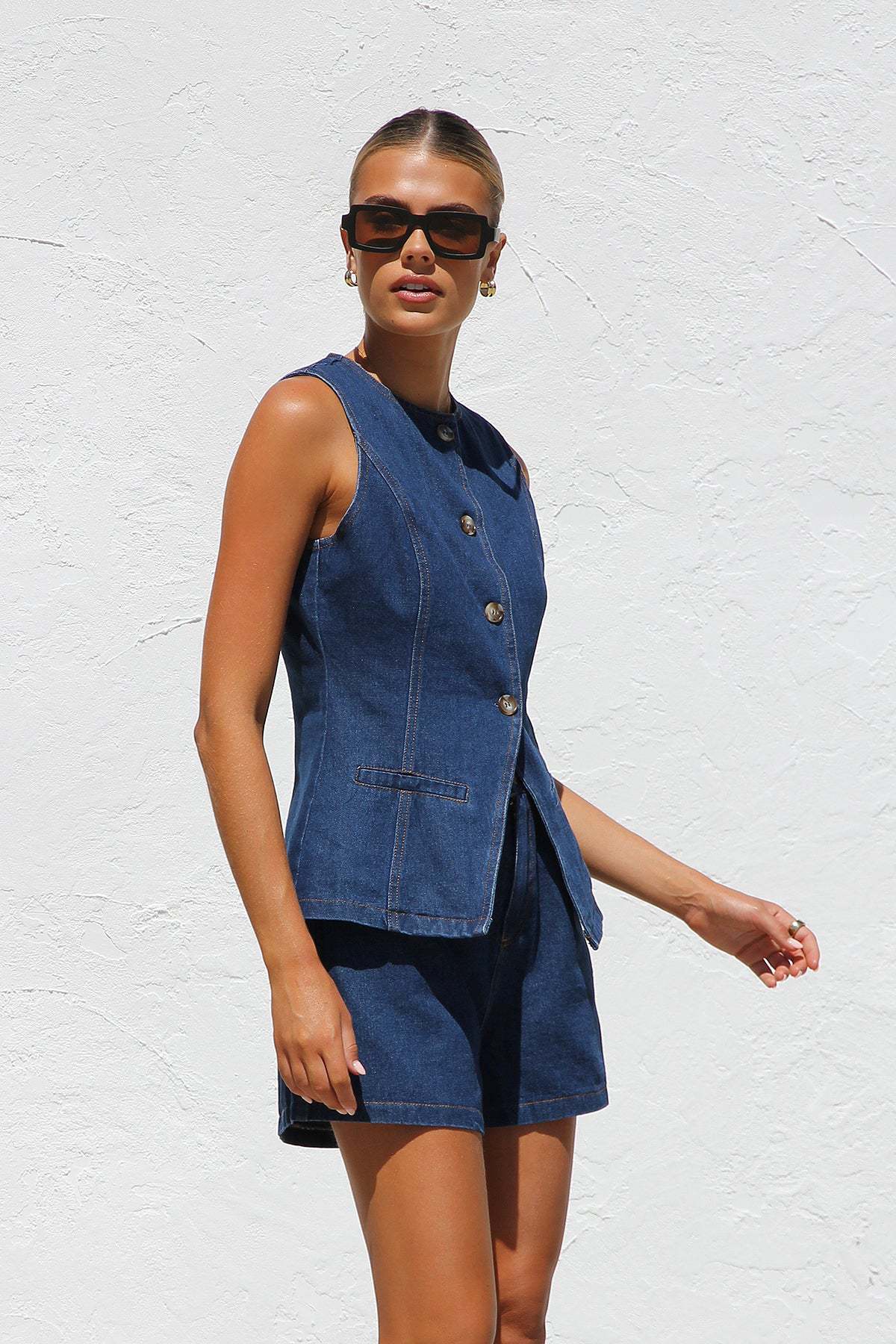 Sleeveless High-Waisted Loose Denim Shorts Set