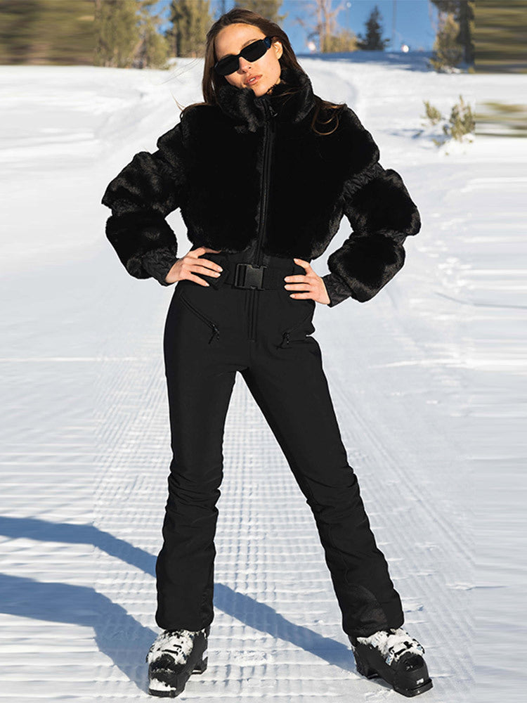 Winter Fur Splicing Zipper Jumpsuit