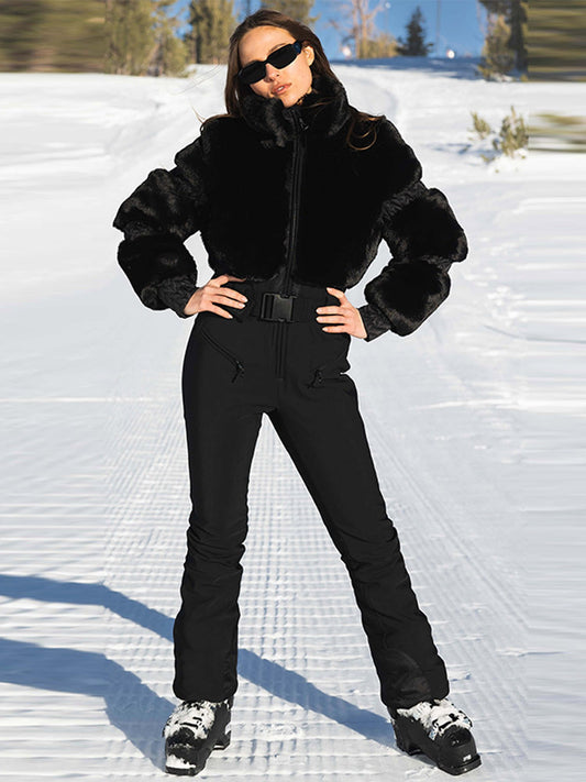 Winter Fur Splicing Zipper Jumpsuit