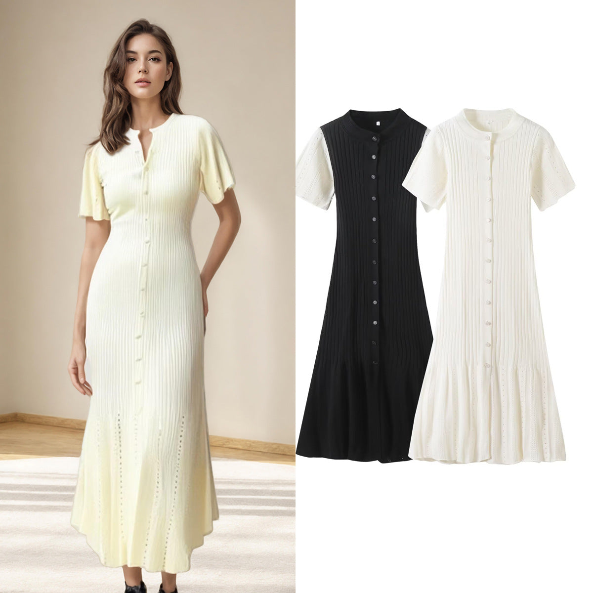 Short Sleeve Button-down Slim Knit Dress