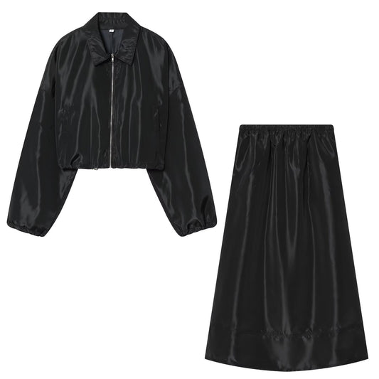 Lapel Short Jacket + A-line Skirt Set
