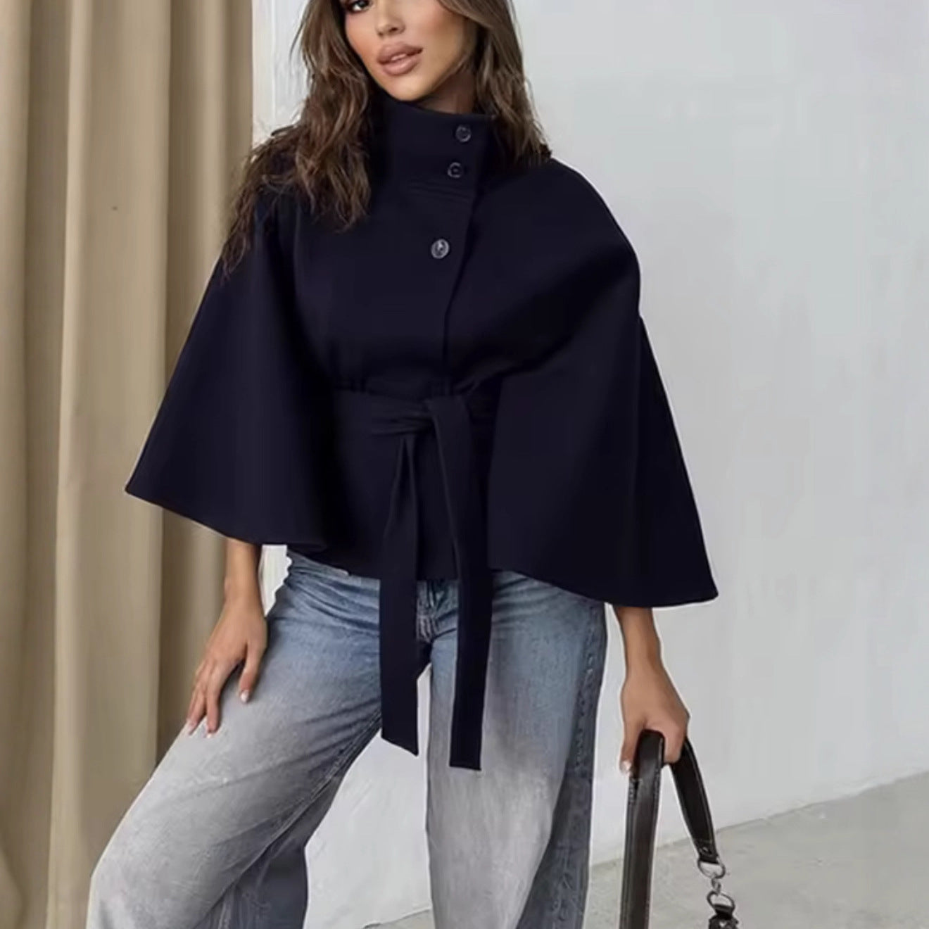 Stand-up Collar Bathrobe-style Belt Coat