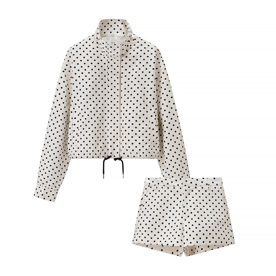 Stand Collar Long Sleeve Polka Dot Set