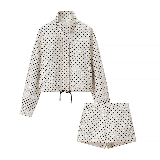 Stand Collar Long Sleeve Polka Dot Set