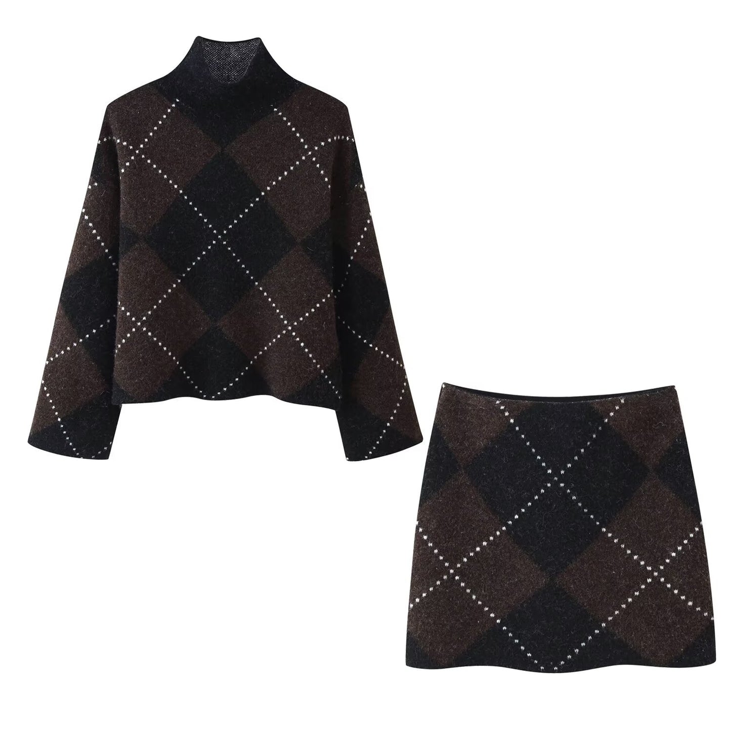 Diamond Plaid Pullover Knitted Top + Skirt Set