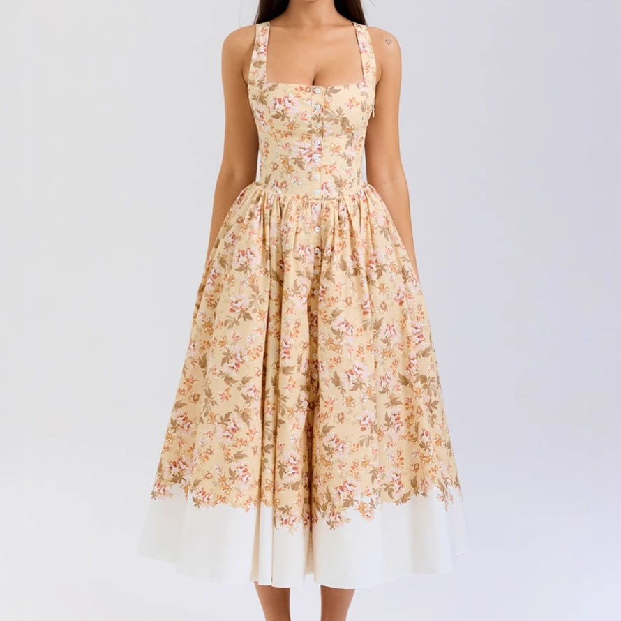 U-neck Slim Button Floral Long Dress